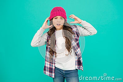 Modern fashion. How cool am I. Kids fashion. Girl cute child wear knitted hat. Little girl wearing winter hat. Comfy and Stock Photo