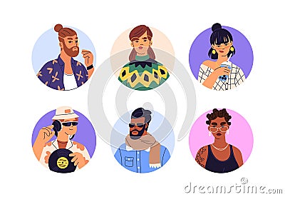 Modern fashion women and men avatars set. Young cool people, face portraits. Trendy stylish male, female characters in Vector Illustration