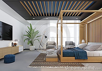 Modern fashionable design of a bedroom, a bed with a canopy. TV unit, two soft chairs, a wooden bed with four-poster Stock Photo