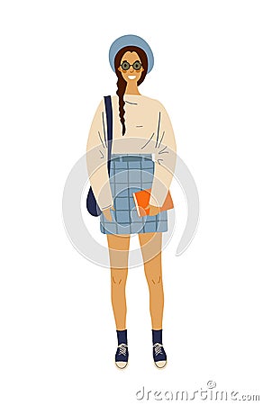 Modern fashionable female student girl in glasses and hat. Young happy standing woman with long hair, backpack and book. Student Cartoon Illustration
