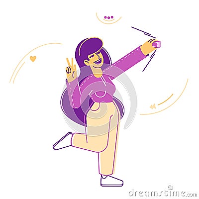 Modern Fashionable Girl Teenager Making Selfie on Smartphone. Young Woman Character Posing and Photographing Vector Illustration