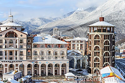 Modern fashionable hotels and apartments of Gorky Gorod resort`s accomodation infrastructure Editorial Stock Photo