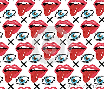 Modern fashionable Lips with tongue and eye seamless pattern. Red open mouth with tongue sticking out endless background Vector Illustration