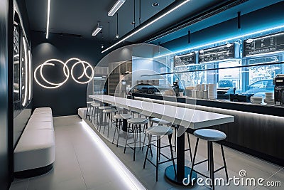 modern fast food restaurant with sleek decor, minimalistic design and interactive technology Stock Photo