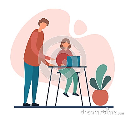 Father helping daughter with homework assignment. Flat vector illustration Vector Illustration