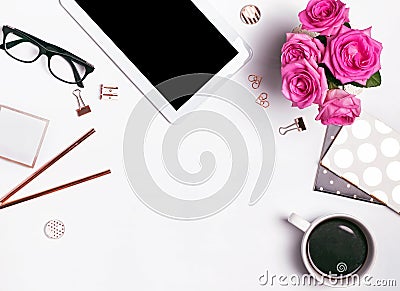 Modern feminine workplace concept. Stock Photo