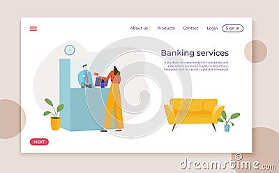 Modern finance banking office landing web banner, monetary institution customer service flat vector illustration, client Vector Illustration