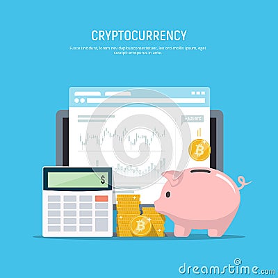 Modern financial concept. Bitcoin mining. Cryptocurrency. Business investment. Vector Illustration