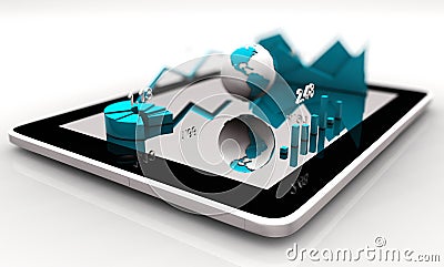 Modern financial instruments graphs, charts and Earth globe on a tablet screen. Stock Photo