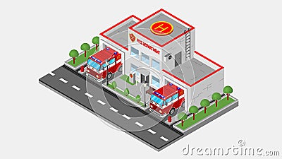 A modern fire station building in an isometric projection. There's a fire truck in the garage. Vector Illustration