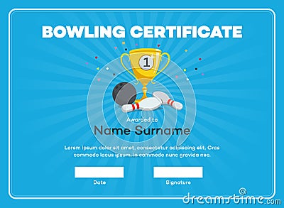 Modern first place bowling certificate diploma with a gold winning cup and place for your content Vector Illustration