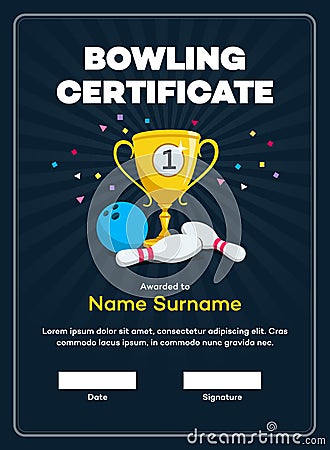 Modern first place bowling certificate diploma with a gold winning cup and place for your content Vector Illustration