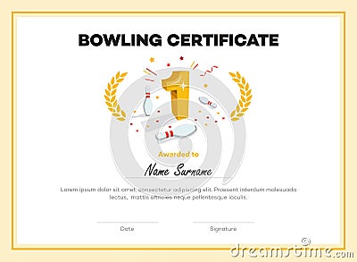 Modern first place bowling certificate diploma with place for your content Vector Illustration