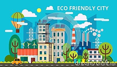 Modern flat design concept of smart green city. Eco friendly city, generation and saving green energy. Vector Vector Illustration