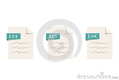 Modern flat design document icons. File format PDF, XLS, DOC. Vector image Vector Illustration