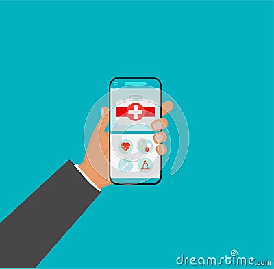 Mobile medicine, mhealth, online doctor. Hand holding smartphone with medical app. Vector flat illustration. Cartoon Illustration