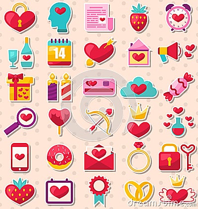 Modern Flat Design Icons for Happy Valentin's Day, Collection Holiday Romantic Elements Vector Illustration