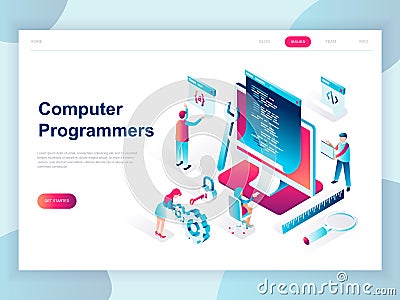 Modern flat design isometric concept of Computer Programmers for banner and website. Isometric landing page template. Vector Illustration