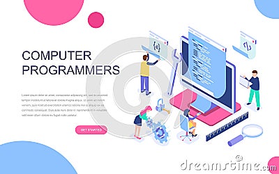 Modern flat design isometric concept of Computer Programmers for banner and website. Vector Illustration