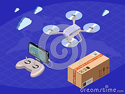 Modern flat design isometric concept of Worldwide Delivery drone, console joystick, smartphone, package. Vector illustration Cartoon Illustration