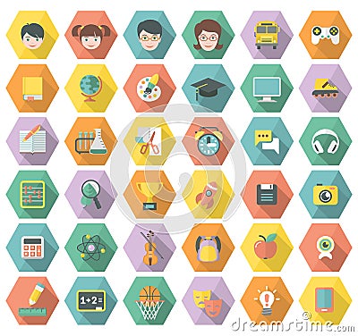 Modern Flat Education and Leisure Icons in Hexagon Vector Illustration