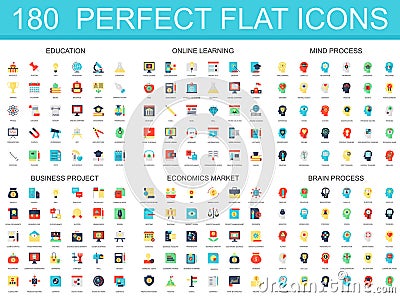 180 modern flat icon set of education, online learning, brain mind process, business project, economics market icons. Vector Illustration