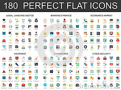 180 modern flat icon set of Legal law justice, banking finance, economics market, insurance, e commerce, cyber security Vector Illustration