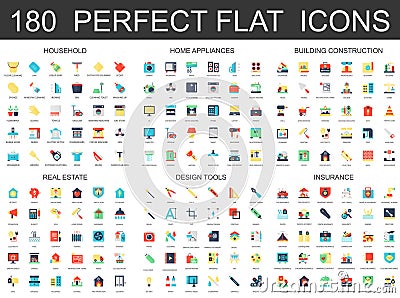 180 modern flat icons set of household, home appliances, building construction, real estate, design tools, insurance Vector Illustration