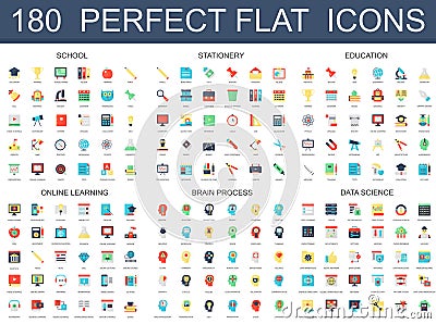 180 modern flat icons set of school, stationery, education, online learning, brain process, data science icons. Vector Illustration