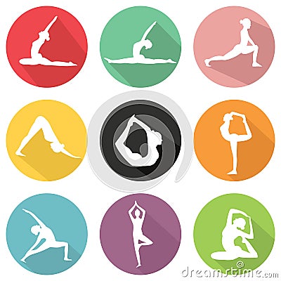 Modern flat icons vector set with long shadow effect in stylish colors of yoga poses Vector Illustration