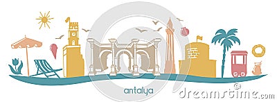 Modern flat illustration Antalya, Turkey with hand drawn doodle turkish symbols in pastel colors. Vector Illustration