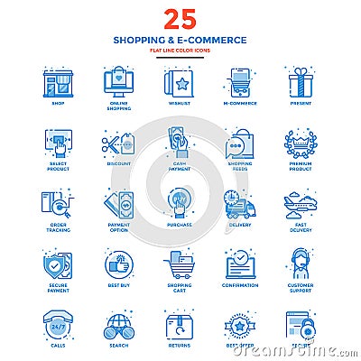 Modern Flat Line Color Icons- Shopping and E commerce Vector Illustration