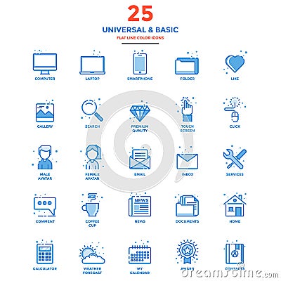 Modern Flat Line Color Icons- Universal and Basic Vector Illustration