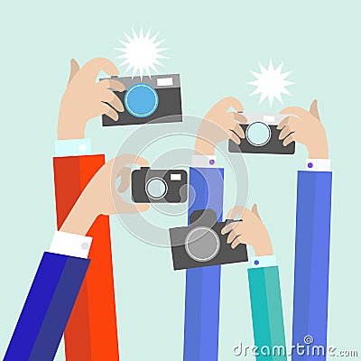 Modern flat photographers hands with take photo Vector Illustration