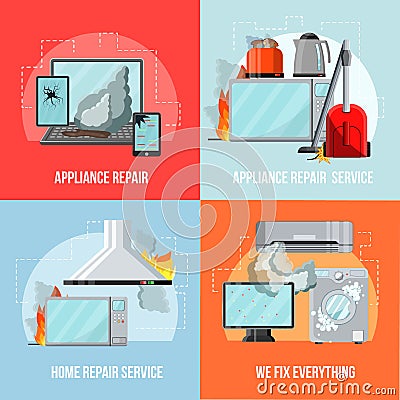 Modern flat repair service concept-damaged consumer electronics home appliances,vector banners set.Broken household Vector Illustration