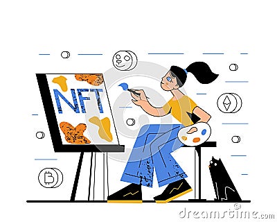 Modern flat style creative vector illustration of a female artist painting a picture of non-fungible tocken with a cat. Cartoon Illustration