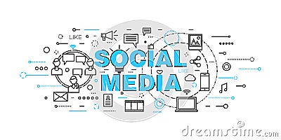 Modern flat thin line design vector illustration, concept of social media, social networking, web communtity and posting news Vector Illustration