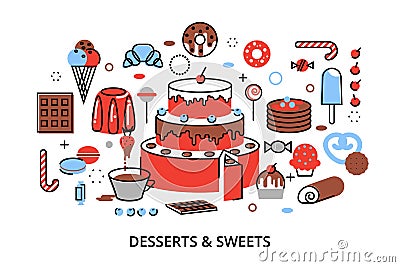 Modern flat thin line design vector illustration, concept of sweet desserts, cake and chocolate Vector Illustration