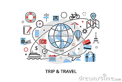 Modern flat thin line design vector illustration, concept of travelling around the world, journey and trip to other countries Vector Illustration