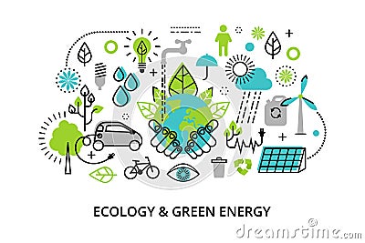 Modern flat thin line design vector illustration, infographic concept of ecology problem, generation and saving green energy Vector Illustration