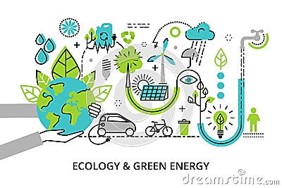 Modern flat thin line design vector illustration, infographic concept of ecology problem, generation and saving green energy Vector Illustration