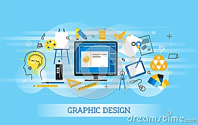 Modern flat thin line design vector illustration, infographic concept of graphic design, designer items and tools, and design Vector Illustration