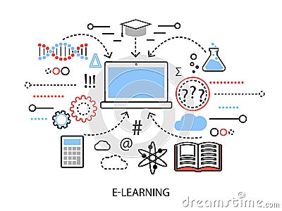 Modern flat thin line design vector illustration, infographic concept of internet learning process and computer technologies in st Vector Illustration