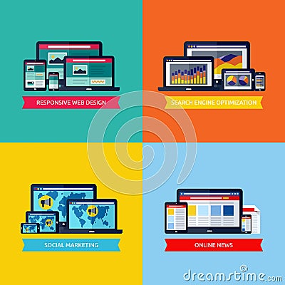 Modern flat vector concepts of web design, SEO, social media mar Vector Illustration