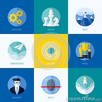 Modern flat vector concepts for websites, mobile apps and printed materials. Icons of development, strategy, mission, market Vector Illustration