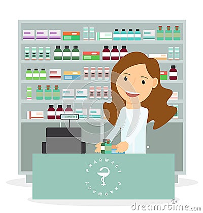 Modern flat vector illustration of a female pharmacist showing medicine description at the counter in a pharmacy Vector Illustration