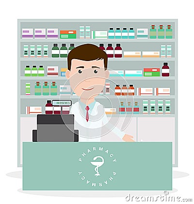 Modern flat vector illustration of a male pharmacist standing near cash register and showing medicine description at the counter Vector Illustration