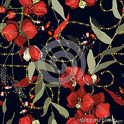 Modern floral design. Hand drawn vector illustration. Chains botanical seamless pattern with flowers and plants Vector Illustration