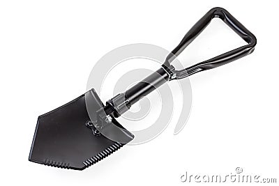 Modern folding steel entrenching tool on a white background Stock Photo