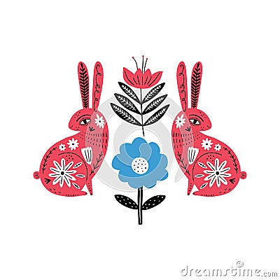 Modern folk tribal boho patterned animals in Scandinavian style. Floral Slovak ornament, inspired by northern mythology and fairy Stock Photo